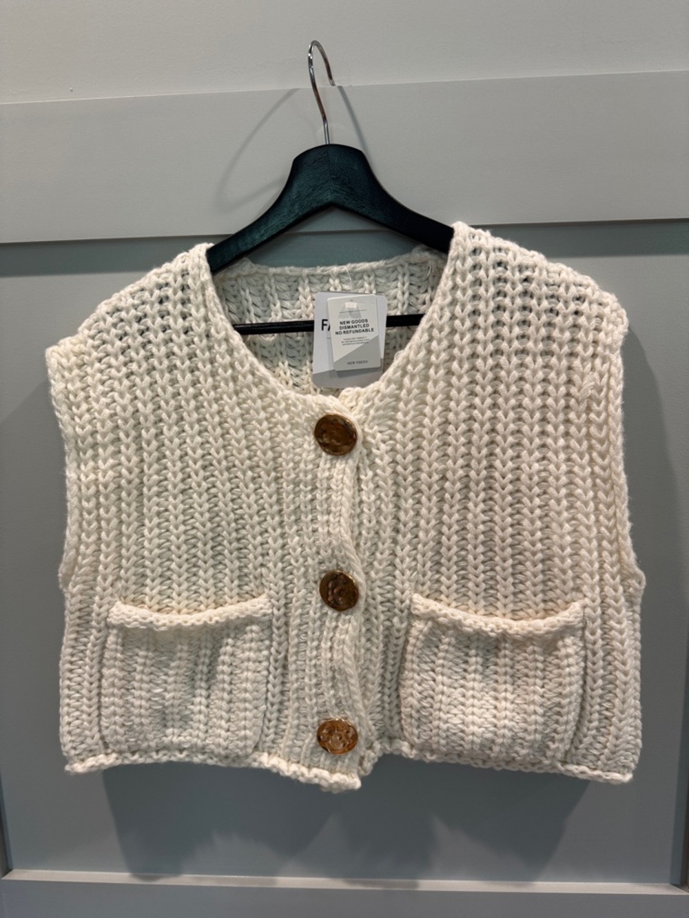Cropped Cream Chunky Knit Button Vest